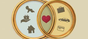 Wedding rings intertwined displaying graphics of assets.