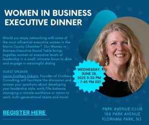 Women in Business Executive dinner information on a blue background with picture of woman